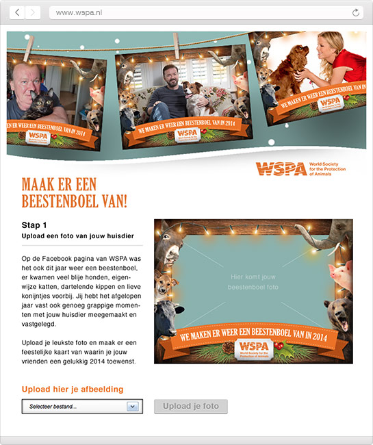 Uploadscherm voor de persoonlijke eindejaarsgroet van WSPA (World Animal Protection) op Facebook