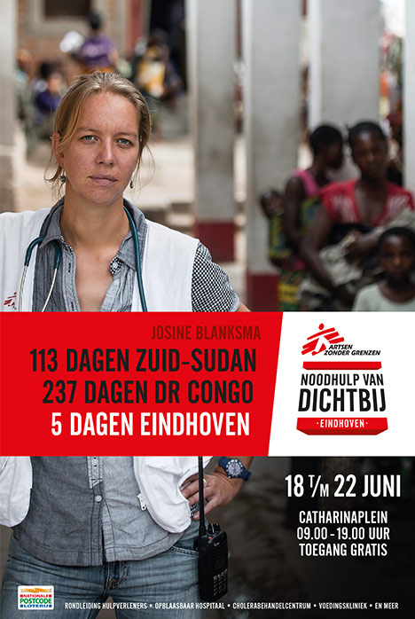 Artsen zonder Grenzen poster in abri voor Noodhulp van Dichtbij, ontworpen door Reclamebureau Gedachtegoed