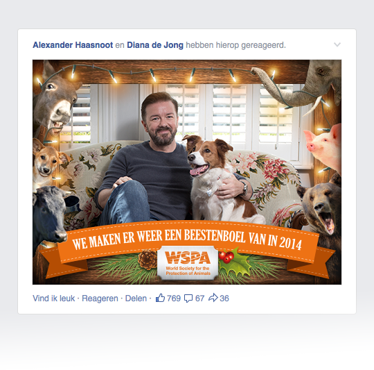 Facebook-post met het fotoframe: de eindejaarsgroet op Facebook die Gedachtegroet ontwierp voor WSPA (World Animal Protection).
