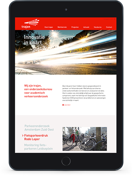 De responsive website voor Trajan, op tablet. Design en ontwikkeling door Reclamebureau Gedachtegoed.