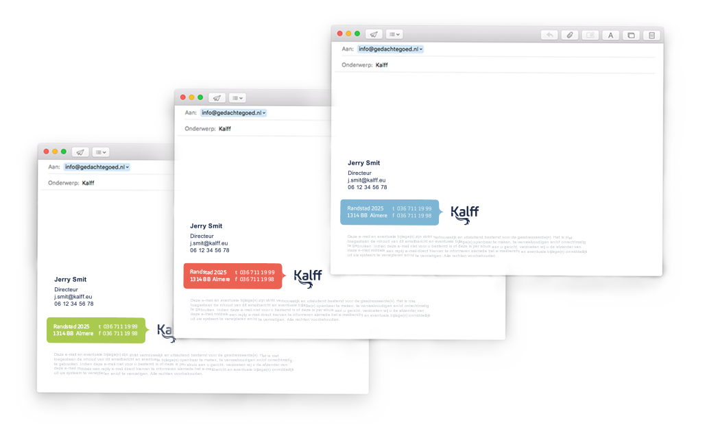 E-mailsignatures met de 3 verschillende huisstijltinten 